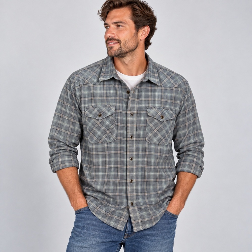 Wrangler Mens 2XL Blue Gray Plaid Western Long Sleeve Button Up Shirt 112324446